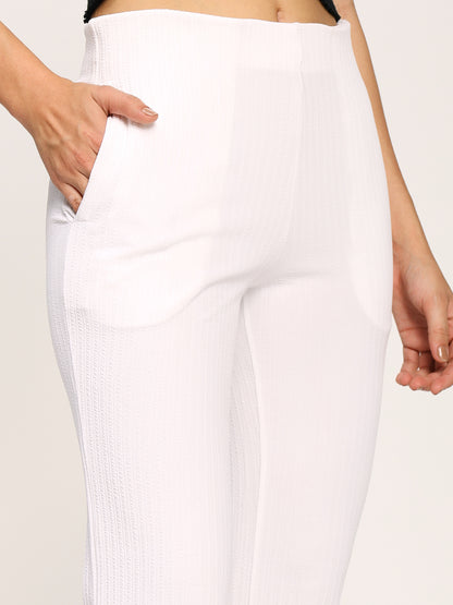 White Textured Flare Fit Fashion Pants