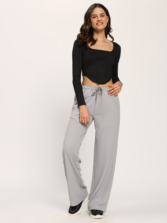 Grey Textured Straight Fit Fashion Pant