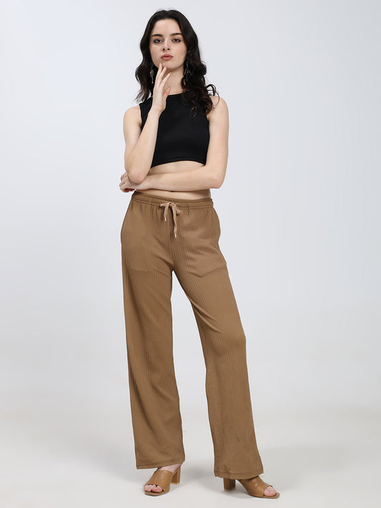Beige Textured Straight Fit Fashion Pant