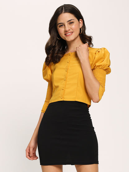 Yellow Fashion Crop Top With Smocking Fashion Sleeves