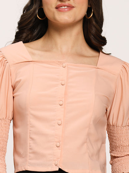 Pink Fashion Crop Top With Smocking Fashion Sleeves