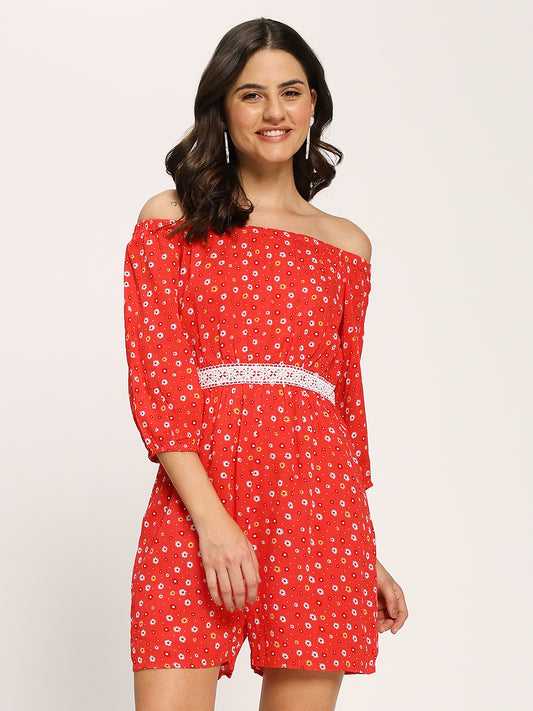 Red Fashion Floral Print Romper