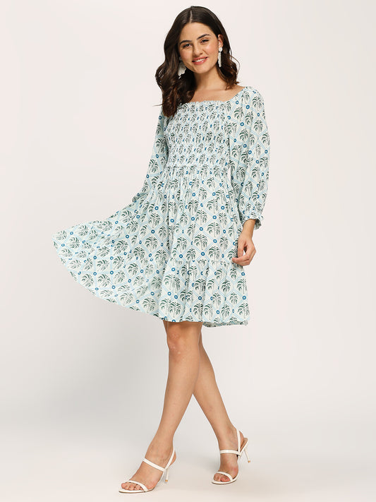 Green Fashion Floral Print Smocking Dress