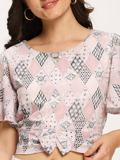 Pink Fashion Geometric Print Crop Top