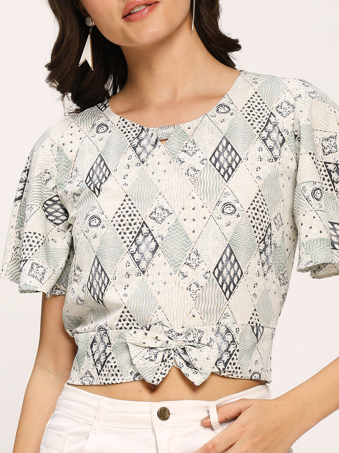 Green Fashion Geometric Print Crop Top