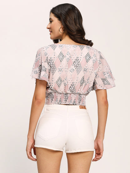 Pink Fashion Geometric Print Crop Top