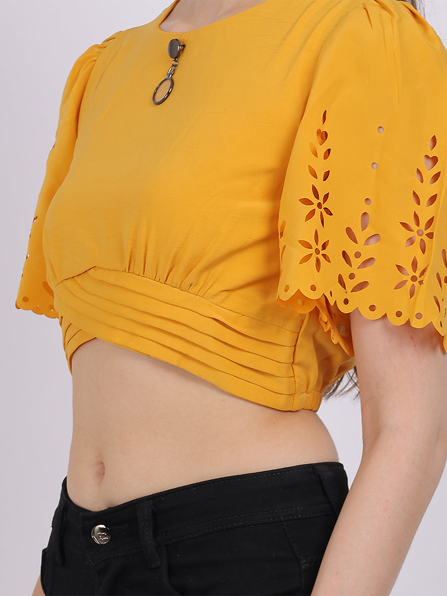 Solid Crop Fashion Top With Bell Sleeves & Cutwork