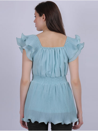 Sky Blue Ruffle Pleated Fashion Top