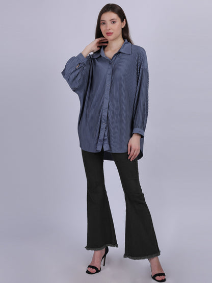 Grey Solid Oversized Pleated Shirt