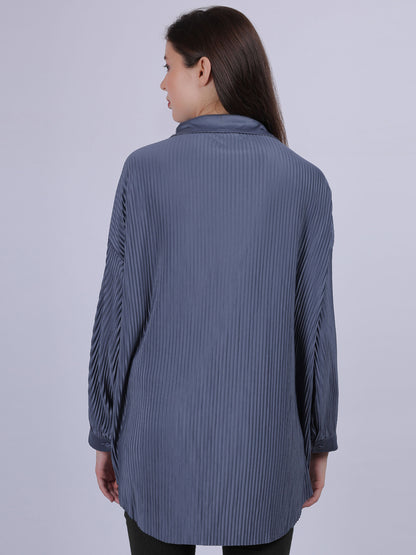 Grey Solid Oversized Pleated Shirt