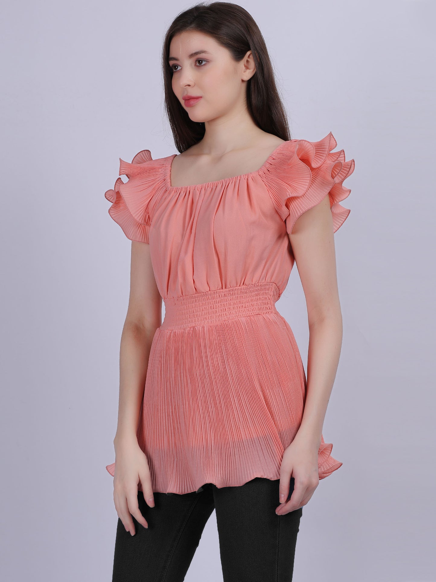 Pink Ruffle Pleated Fashion Top