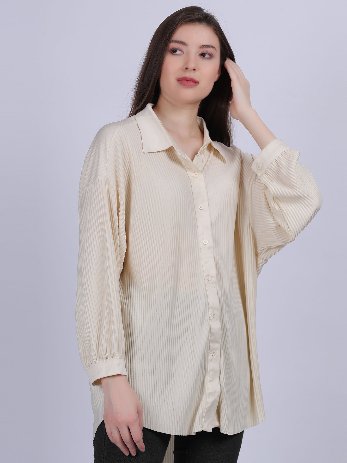 Off White Solid Oversized Pleated Shirt