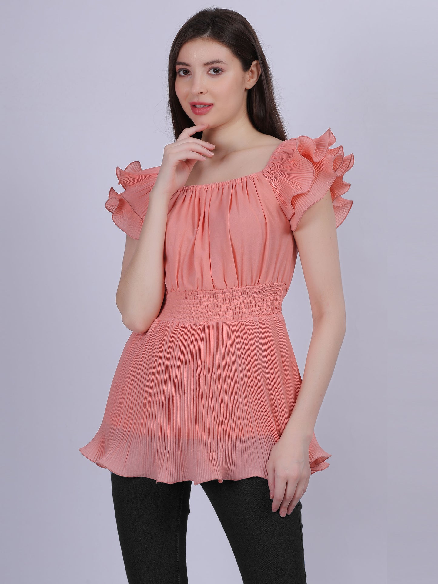 Pink Ruffle Pleated Fashion Top