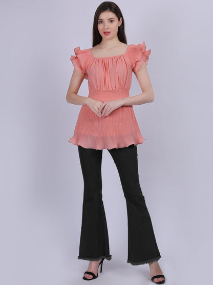 Pink Ruffle Pleated Fashion Top