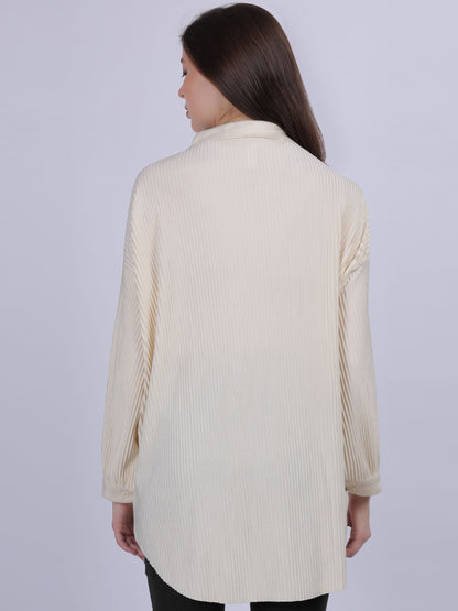 Off White Solid Oversized Pleated Shirt