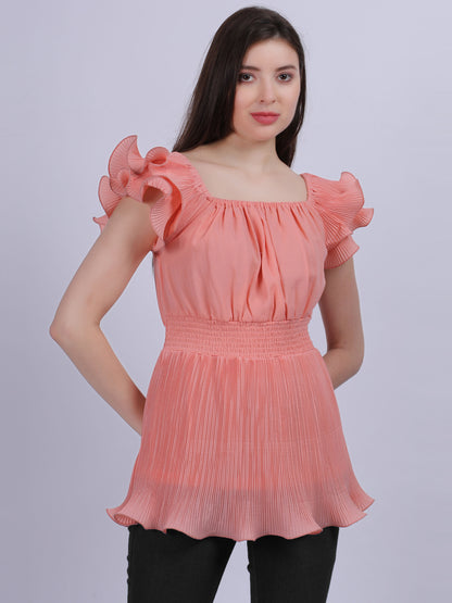 Pink Ruffle Pleated Fashion Top