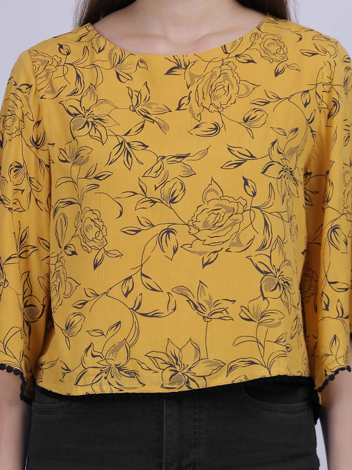 Mustard Floral Print Rayon Wrinkle Crop Top With Fashion Bell Sleeves & Lace Embellishment