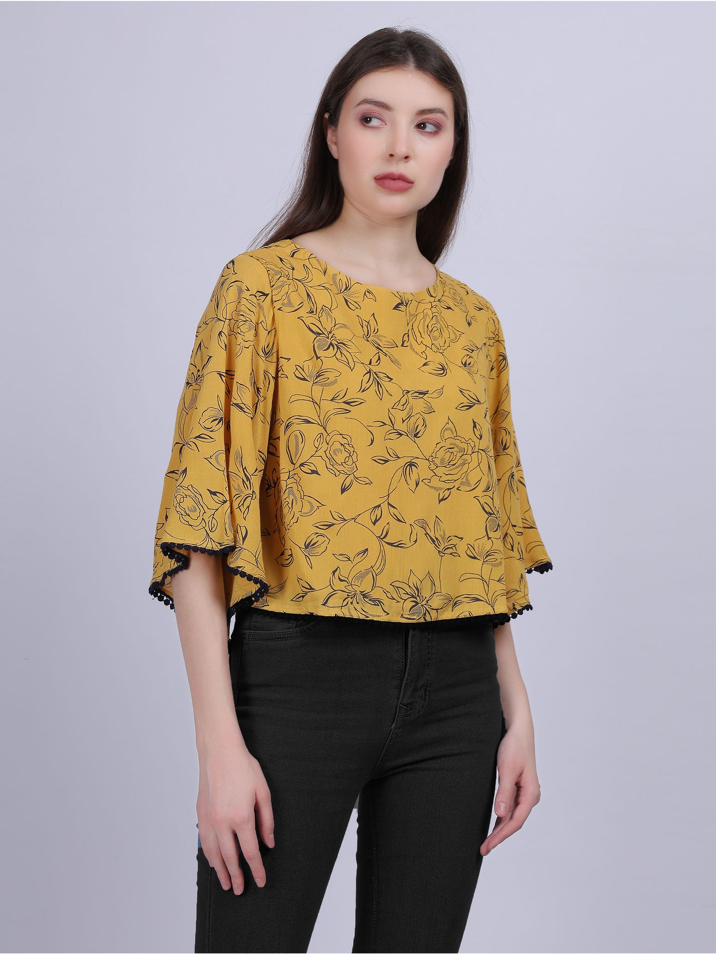 Mustard Floral Print Rayon Wrinkle Crop Top With Fashion Bell Sleeves & Lace Embellishment