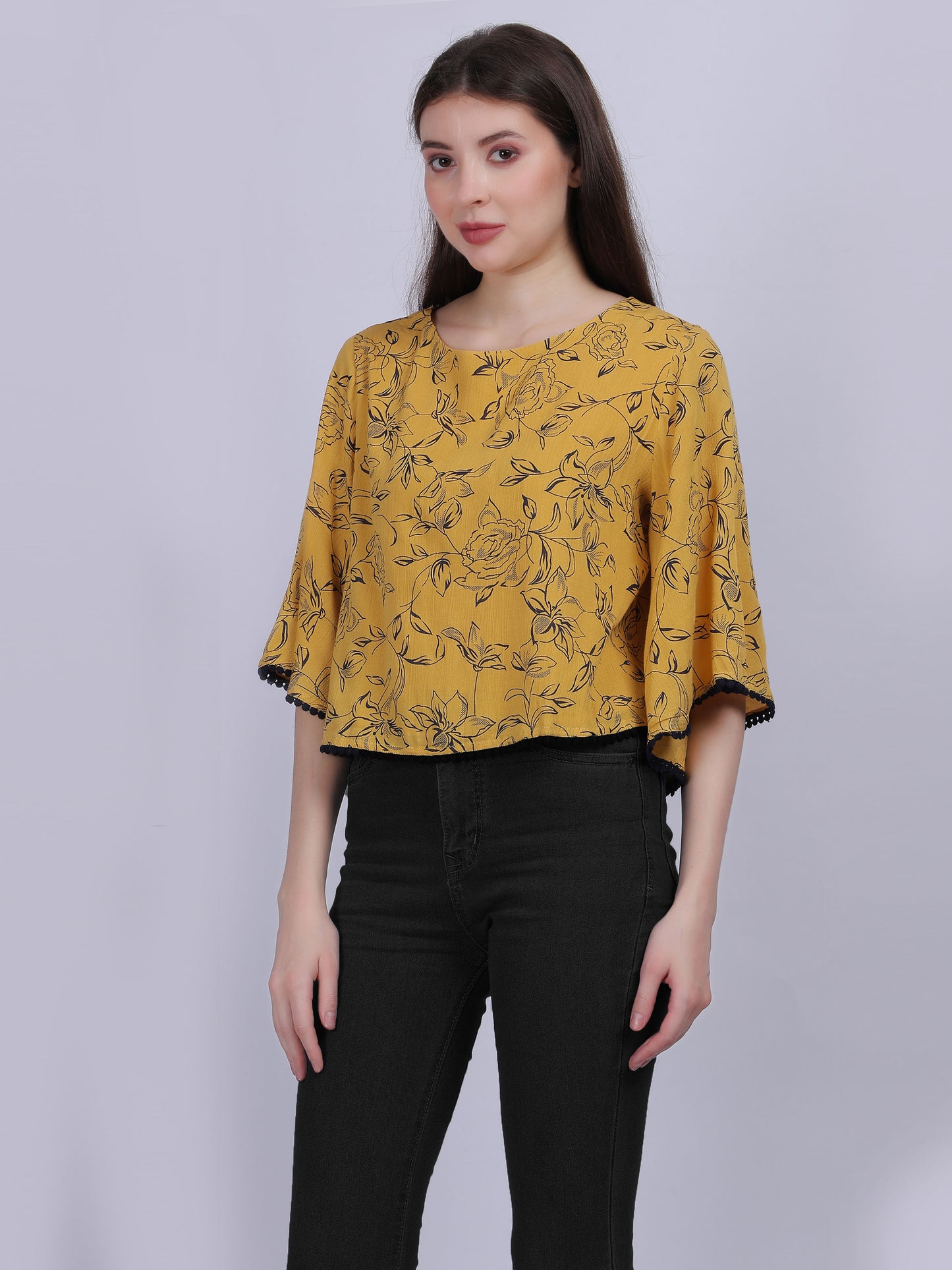 Mustard Floral Print Rayon Wrinkle Crop Top With Fashion Bell Sleeves & Lace Embellishment