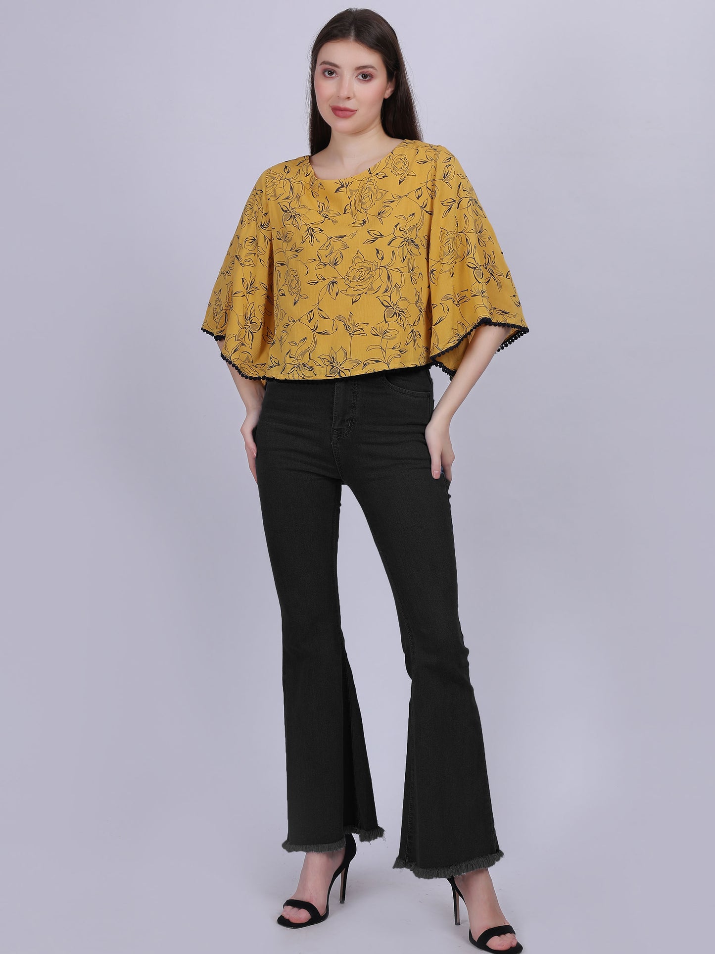 Mustard Floral Print Rayon Wrinkle Crop Top With Fashion Bell Sleeves & Lace Embellishment