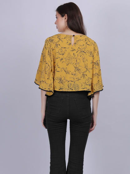 Mustard Floral Print Rayon Wrinkle Crop Top With Fashion Bell Sleeves & Lace Embellishment