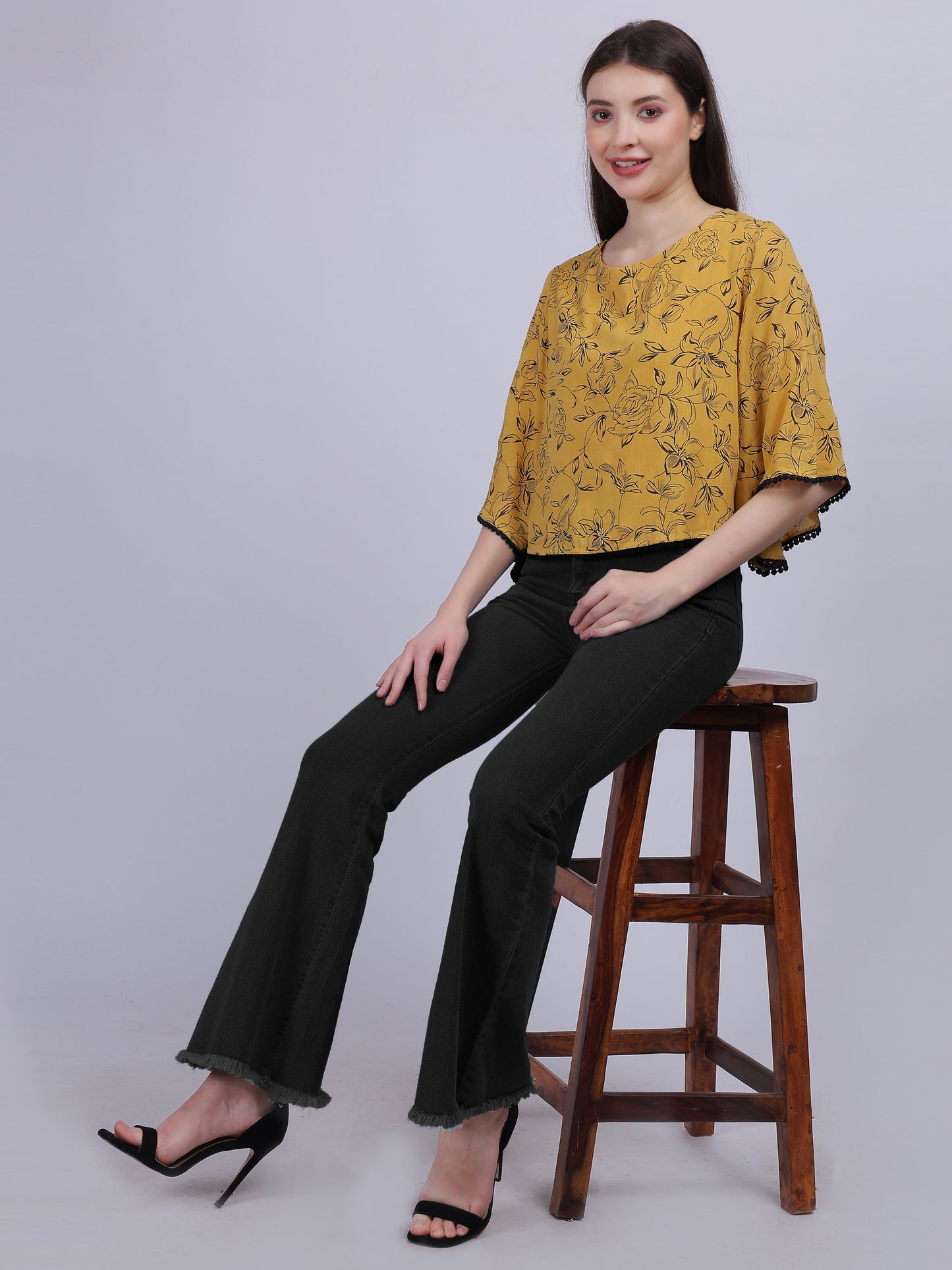 Mustard Floral Print Rayon Wrinkle Crop Top With Fashion Bell Sleeves & Lace Embellishment