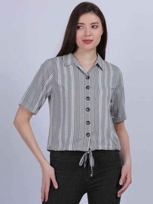 Stripe Print Crop Shirt With Tassels Cord