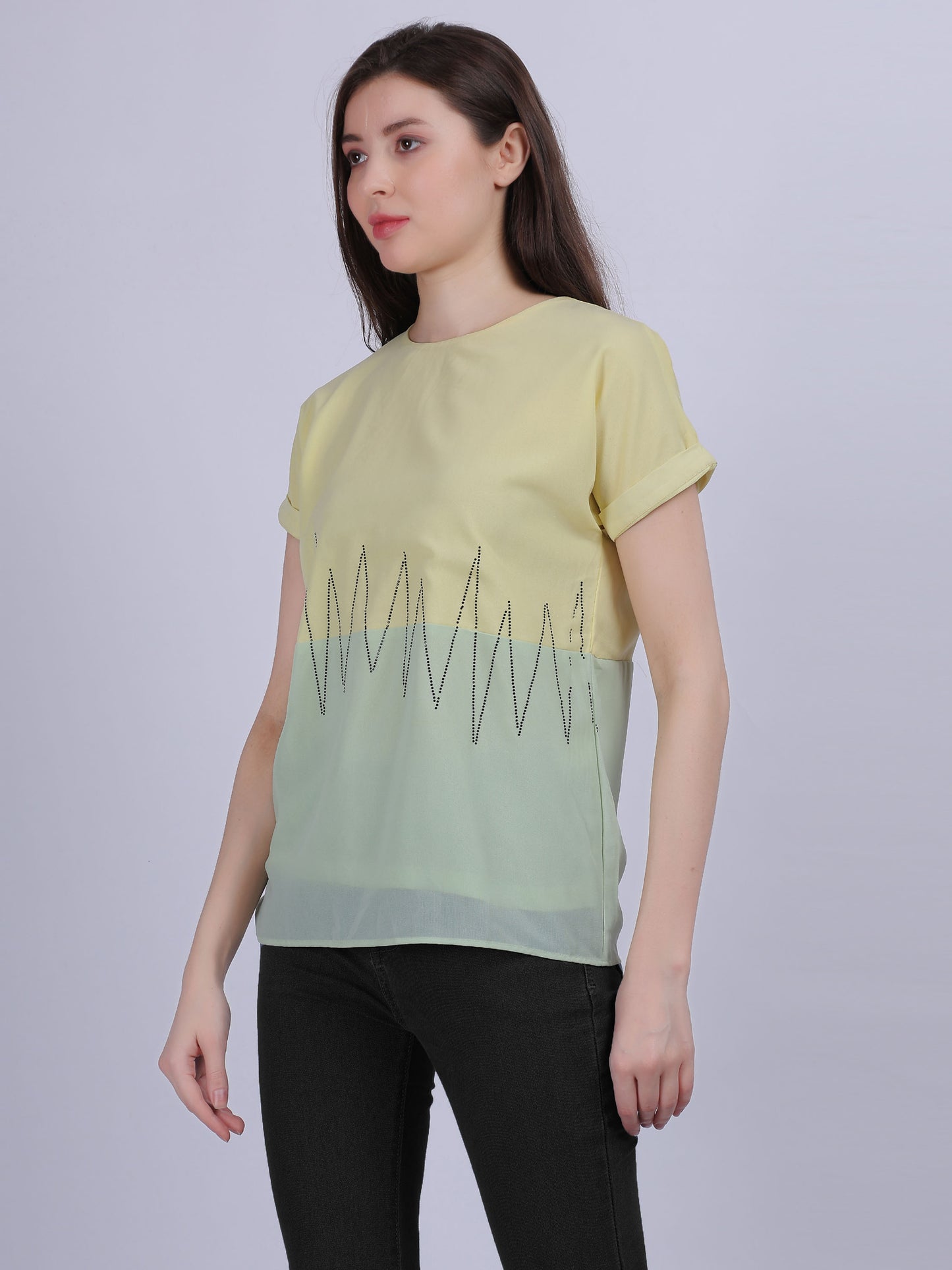 Yellow Solid Ombre Effect Top With Stone Work Embellishment