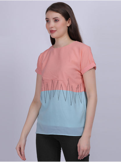 Pink Solid Ombre Effect Top With Stone Work Embellishment