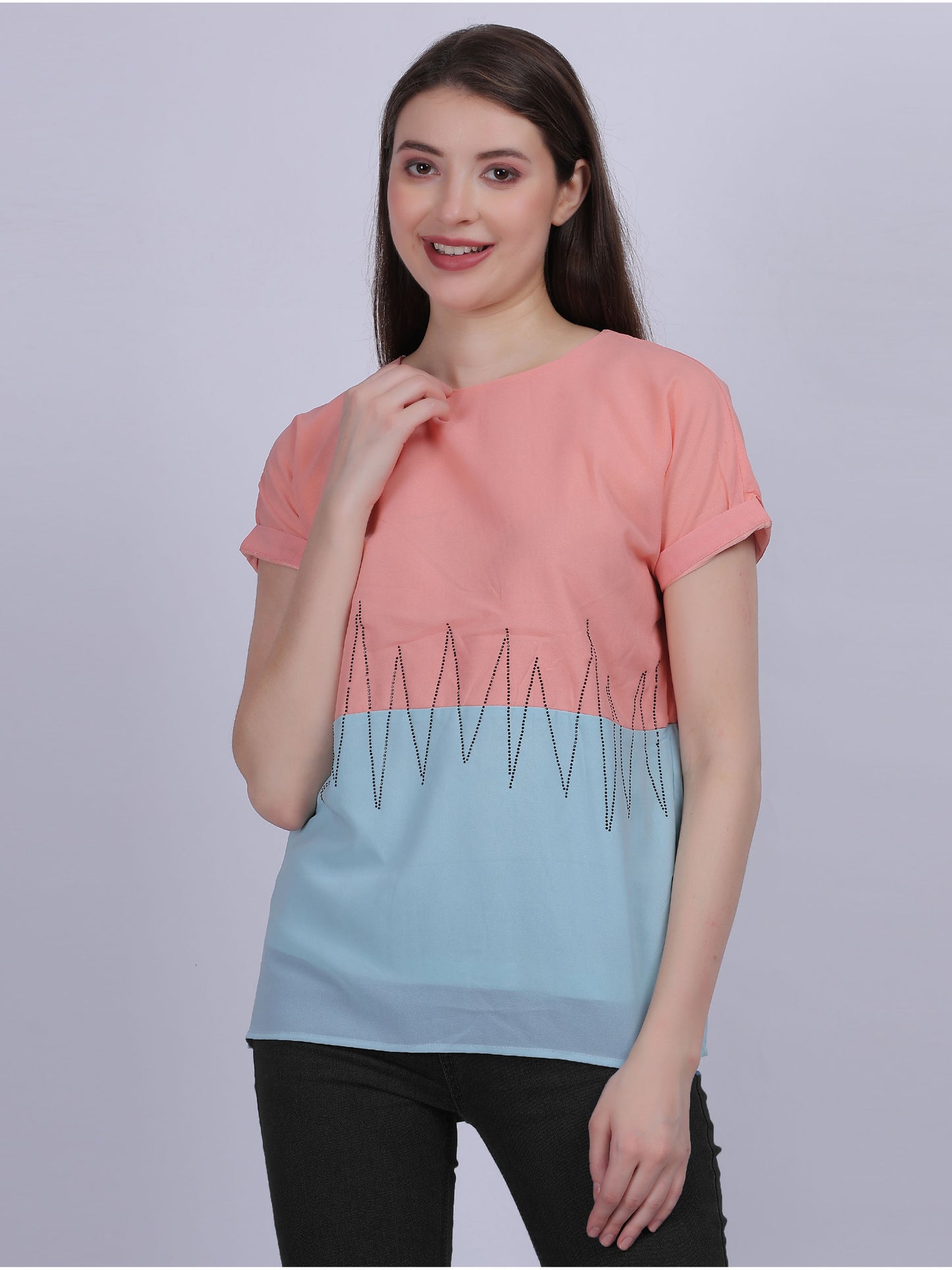 Pink Solid Ombre Effect Top With Stone Work Embellishment