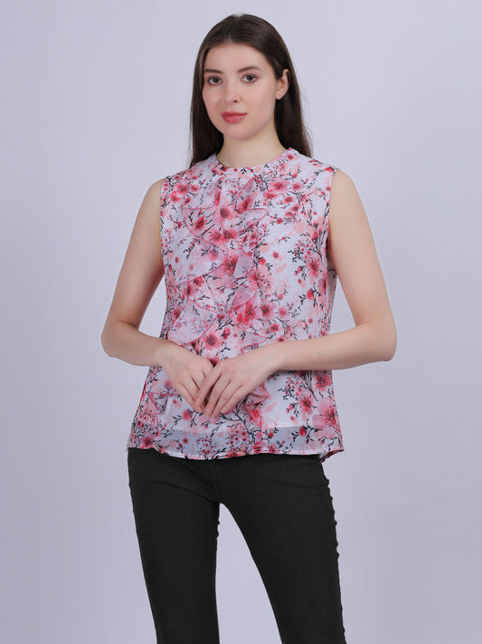 Pink Floral Print Basic Fashion Ruffle Top