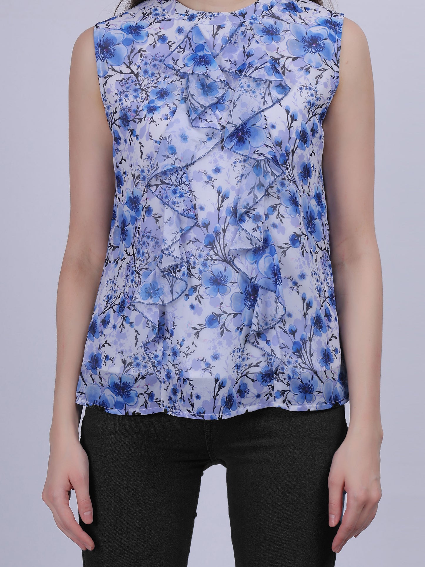 Blue Floral Print Basic Fashion Ruffle Top