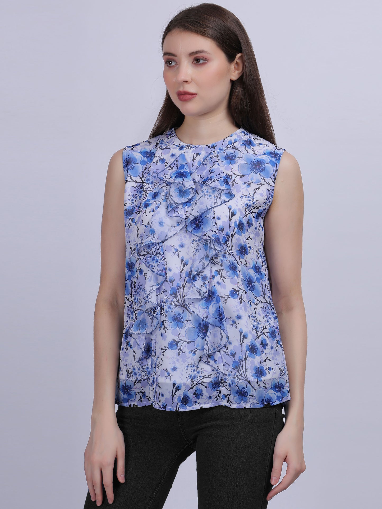 Blue Floral Print Basic Fashion Ruffle Top