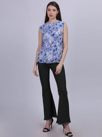 Blue Floral Print Basic Fashion Ruffle Top