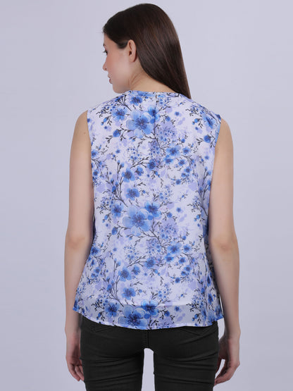 Blue Floral Print Basic Fashion Ruffle Top