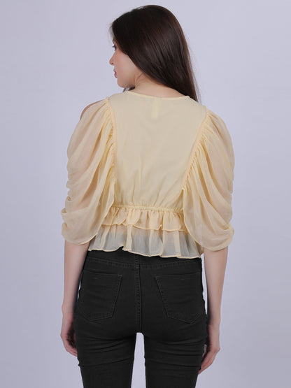 Yellow Solid Basic Casual Top With Lace Embellishment
