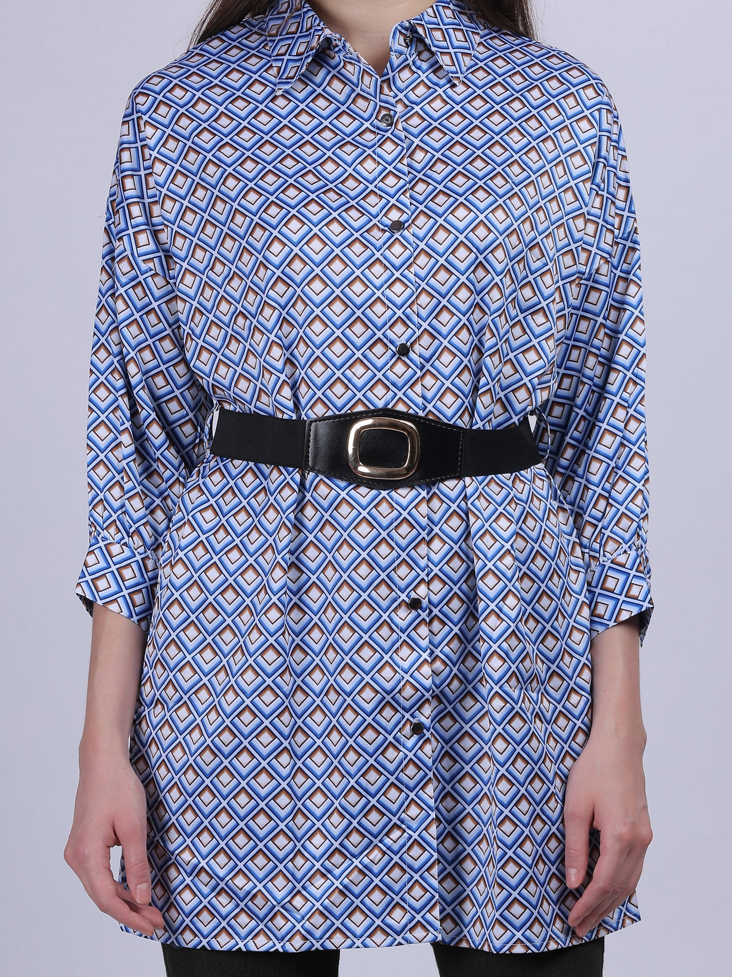 Geometric Print Tunic Top With Fashion Belt