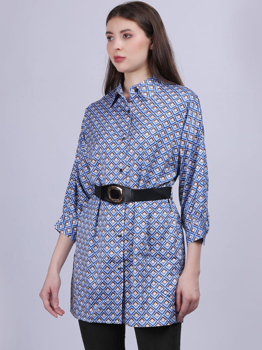 Geometric Print Tunic Top With Fashion Belt