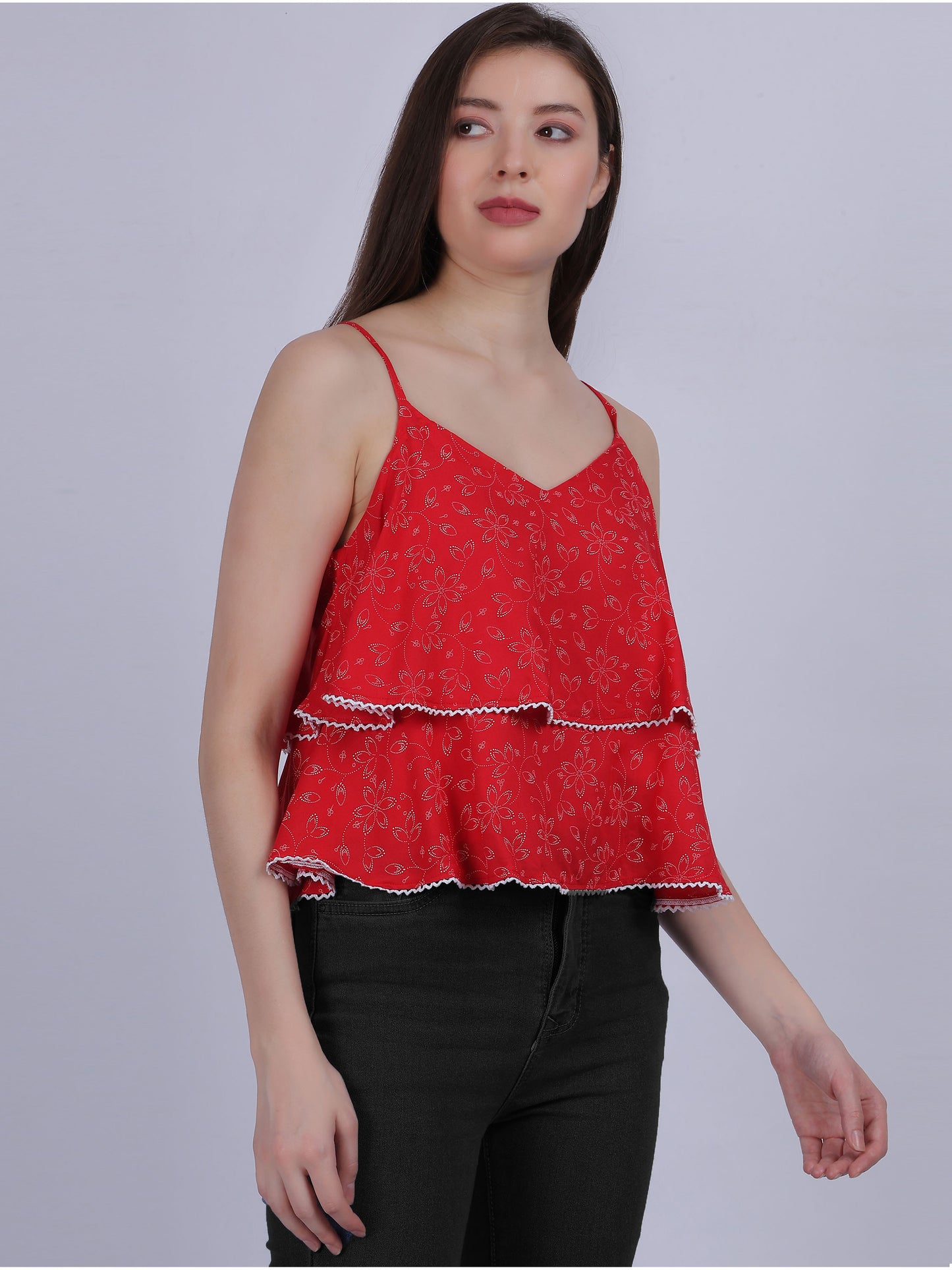 Red Floral Printed Layered Spaghetti Top With Lace Embellishment