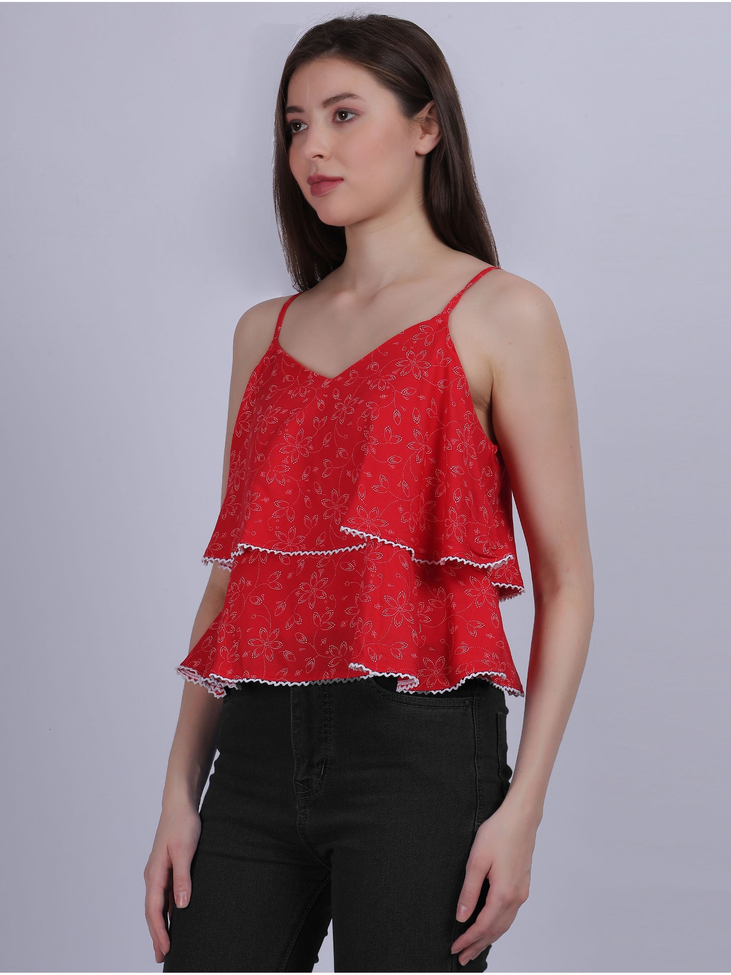 Red Floral Printed Layered Spaghetti Top With Lace Embellishment