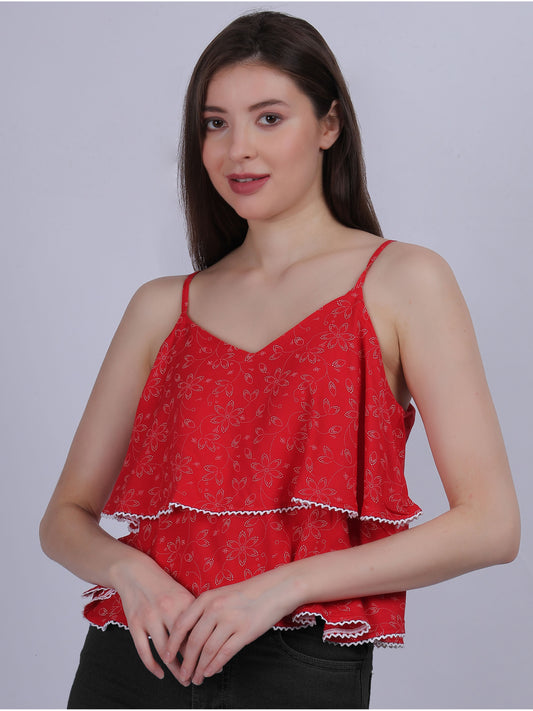 Red Floral Printed Layered Spaghetti Top With Lace Embellishment