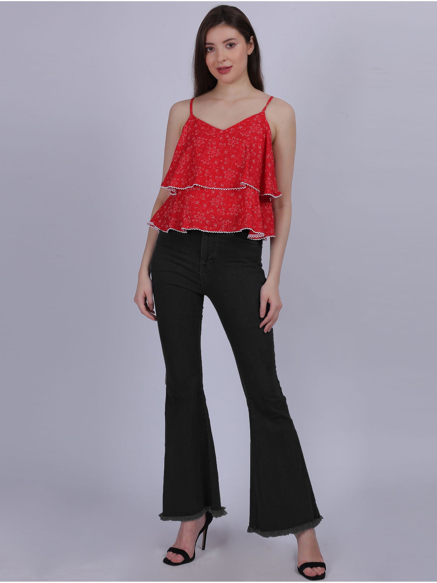 Red Floral Printed Layered Spaghetti Top With Lace Embellishment