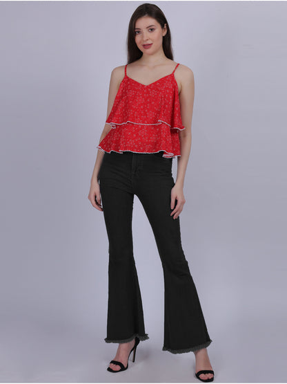 Red Floral Printed Layered Spaghetti Top With Lace Embellishment