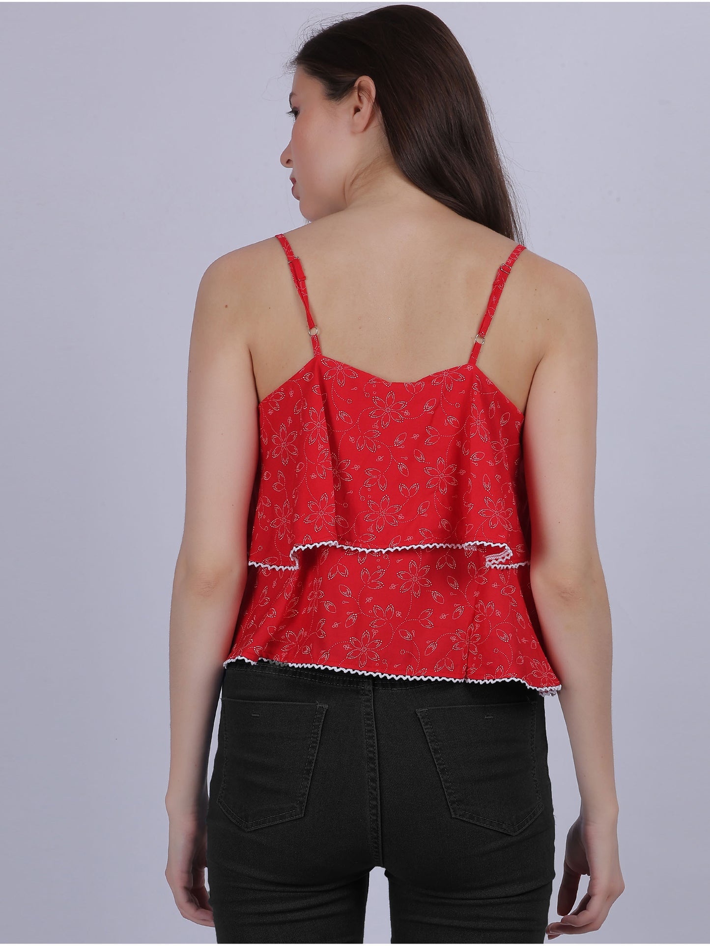 Red Floral Printed Layered Spaghetti Top With Lace Embellishment