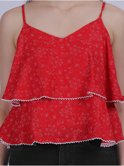 Red Floral Printed Layered Spaghetti Top With Lace Embellishment