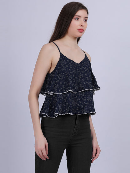 Navy Floral Printed Layered Spaghetti Top With Lace Embellishment