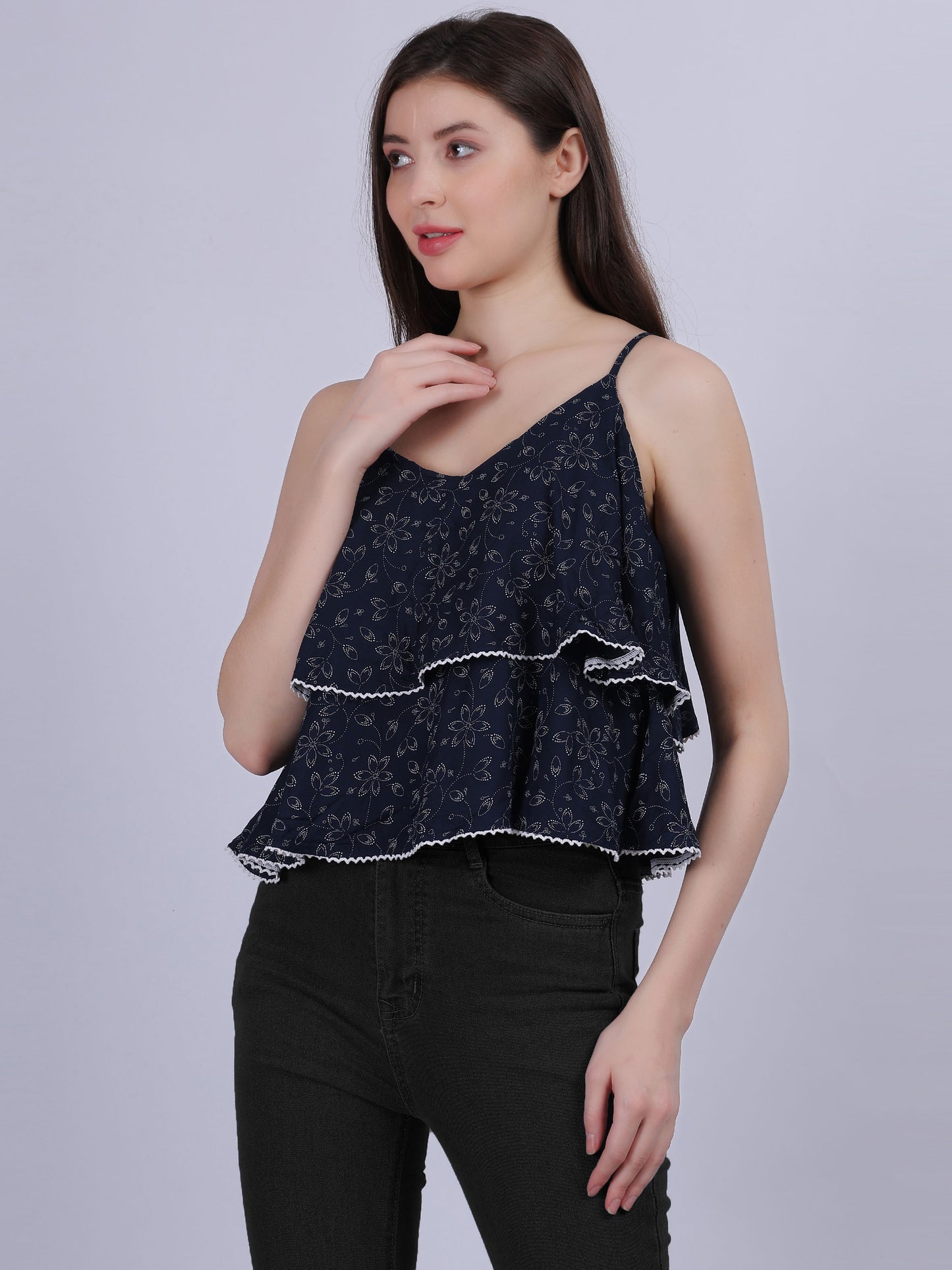 Navy Floral Printed Layered Spaghetti Top With Lace Embellishment