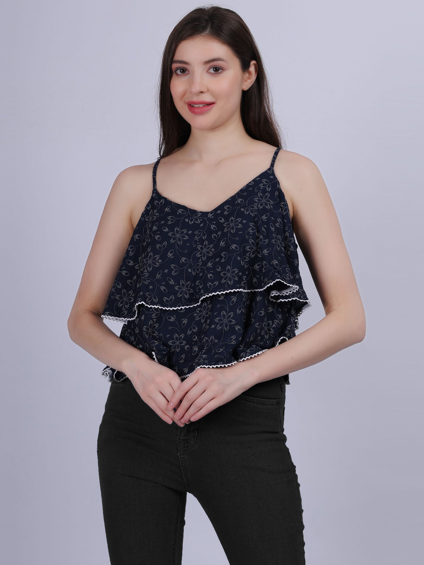 Navy Floral Printed Layered Spaghetti Top With Lace Embellishment