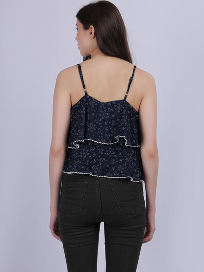 Navy Floral Printed Layered Spaghetti Top With Lace Embellishment