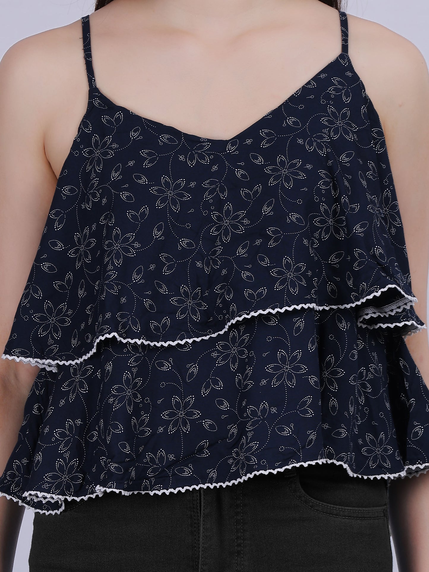 Navy Floral Printed Layered Spaghetti Top With Lace Embellishment